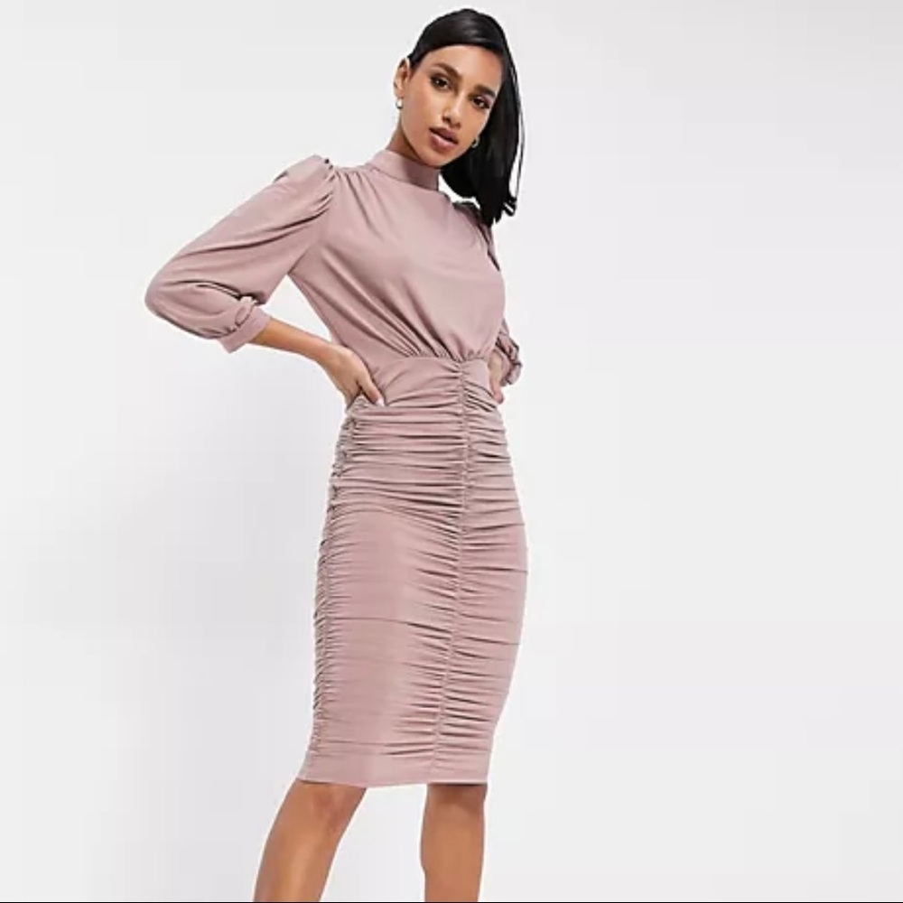 AX Paris ruched midi dress in taupe